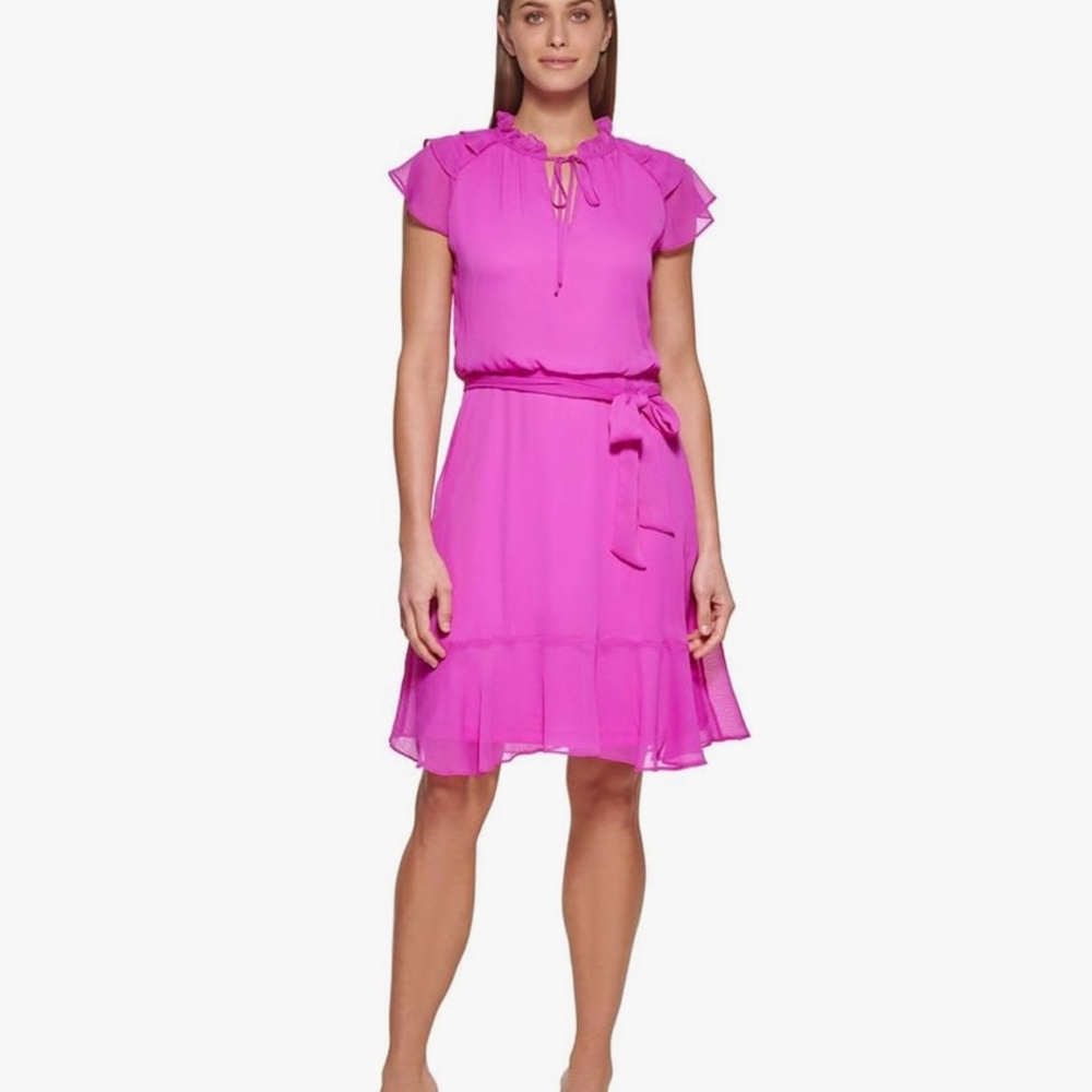 DKNYC Vibrant Fuchsia Tie-Waist Ruffle Dress